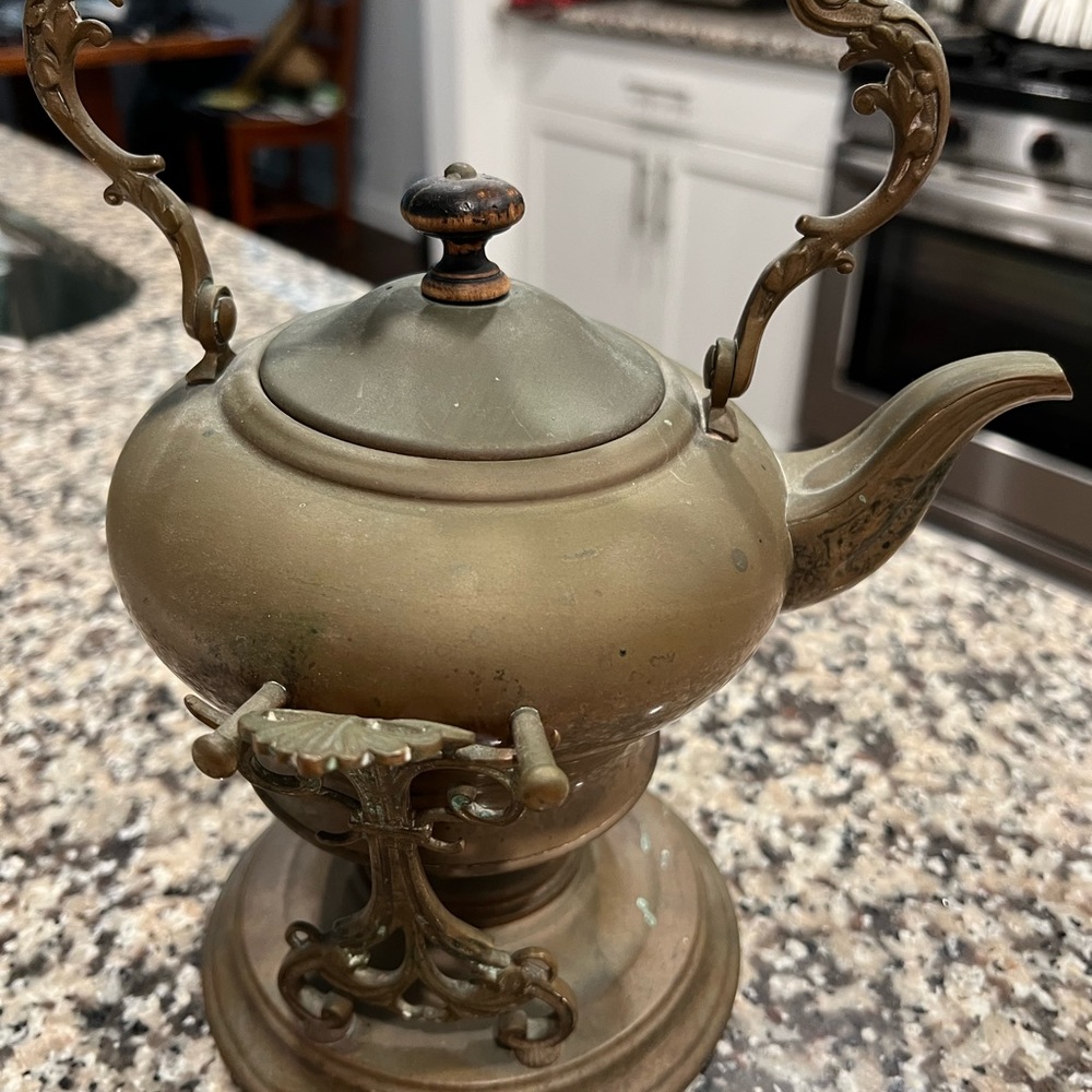 Antique Copper/Brass Tea Pot Lidded Kettle w/ Ornate Stand & Burner - Picture 2 of 8